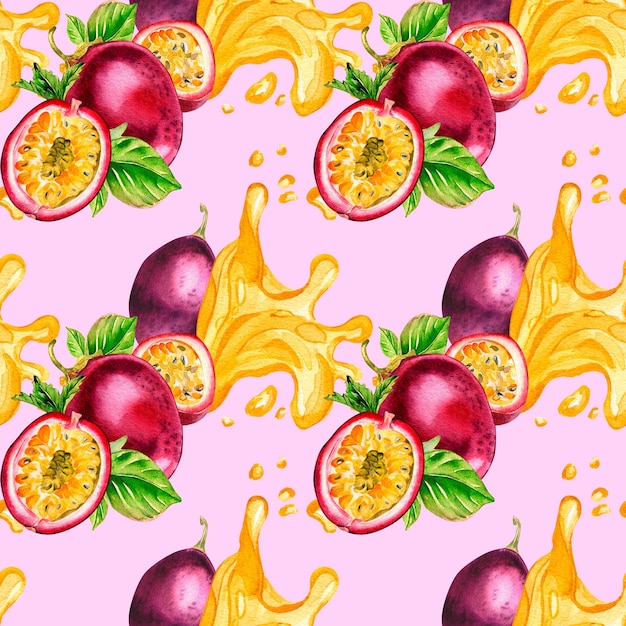 Maracujá roxo e padrão perfeito de aquarela de suco de respingo isolado em fundo rosa