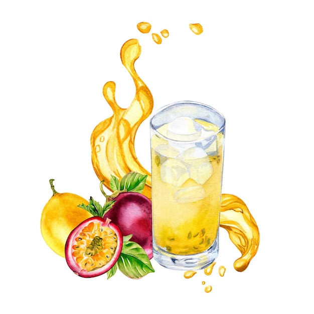 Maracuja-Smoothies und Splash-Saft-Aquarellillustration isoliert auf Weiß