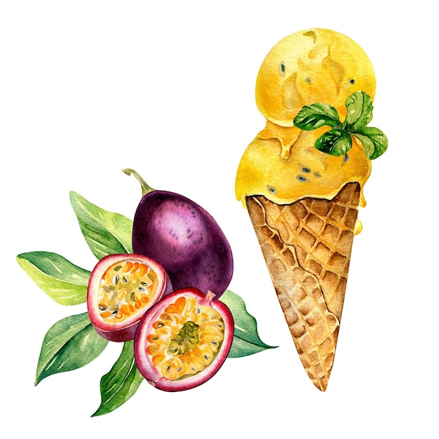 Maracuja und Eiscreme in der Waffelkegel-Aquarellillustration lokalisiert auf weißem Hintergrund