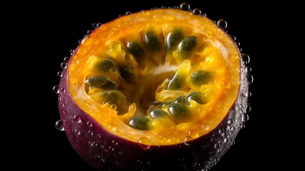 Maracuyá fresca sobre fondo oscuro Fruta tropical Imagen generada por Ai