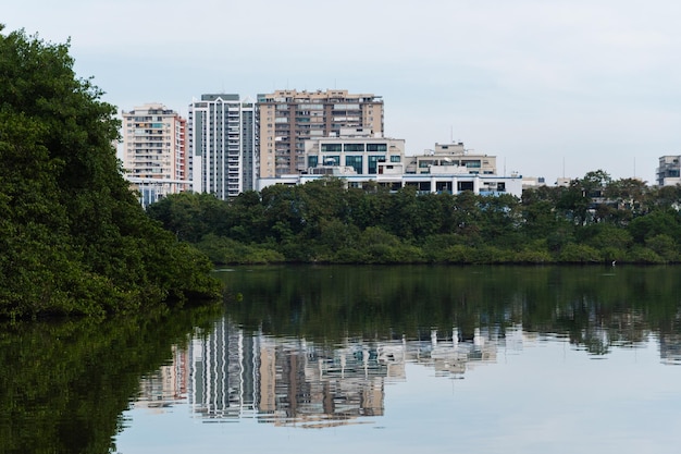 Marapendi-Lagune mit Gebäudevegetation und Bäumen um Hügel und Barra da Tijuca-Brücke im Hintergrund In der Nähe von Praia da Reserva in Rio de Janeiro gelegen
