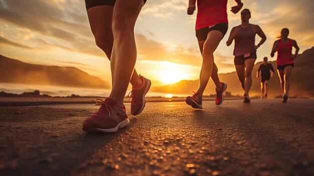 Marathon-Jogging-Rennen Menschen laufen im Licht des Sonnenuntergangs, Nahaufnahme der Beine, Sport-Wellness-Konzept