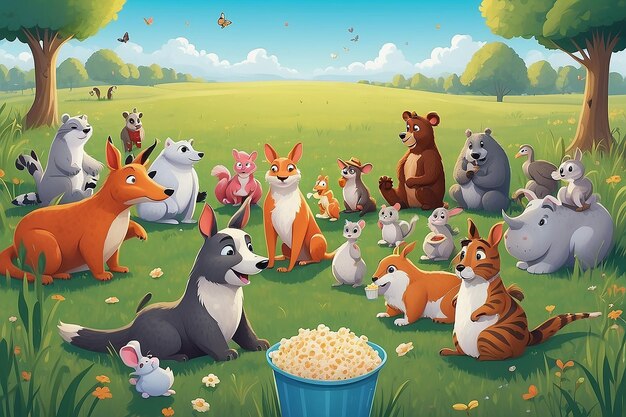 Maratón de películas de animales caprichosos en la ilustración del campo de hierba