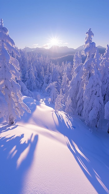 Maravilha de inverno nascer do sol sobre a neve coberta floresta e paisagem montanhosa vertical mobile wallpaper
