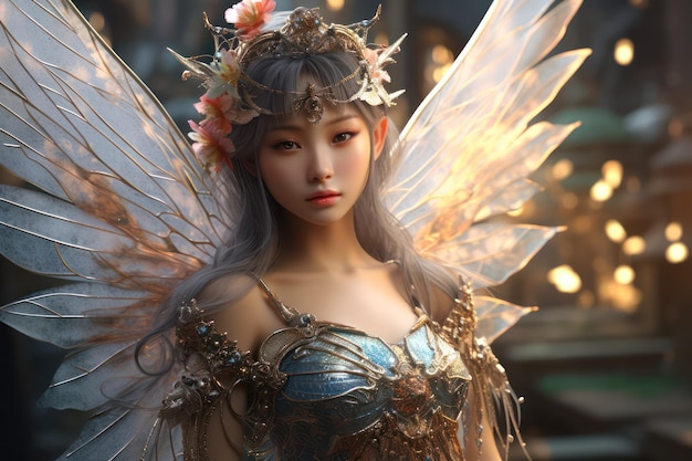 Maravilhas caprichosas, garota asiática irradia magia em uma fantasia de fada encantadora