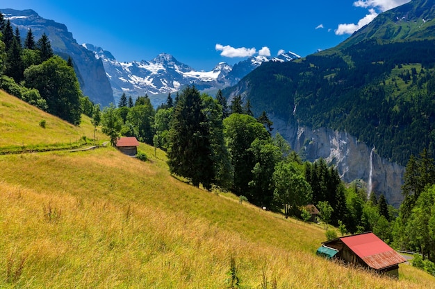 Maravilhosa aldeia sem carros de montanha Wengen, Bernese Oberland, Suíça. O Jungfrau é visível ao fundo