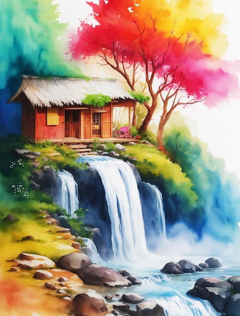 maravilhosa cabana de aldeia criativa multicolorida e pintura de cachoeira de montanha em papel HD imagem em aquarela