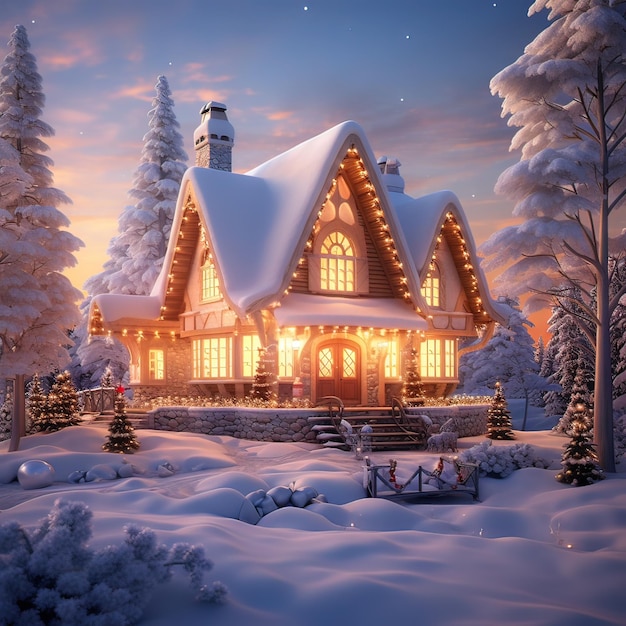 Maravilhosa casa mágica de inverno com neve Generative ai