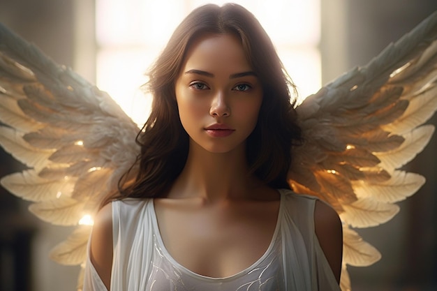 Maravilhosa e linda mulher anjo com asas massivas vestido