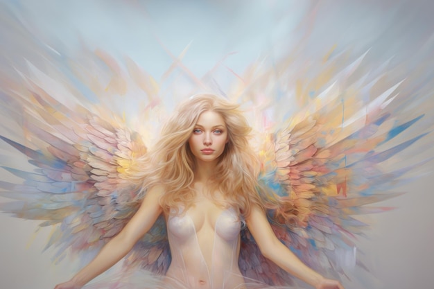 Maravilhosa e linda mulher anjo com vestido de asas enormes