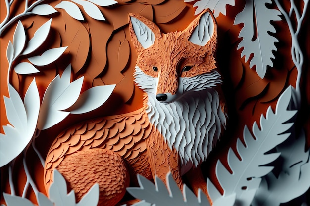 Maravilhosa ilustração de quilling de papel de raposa vermelha na floresta em papel feito à mão