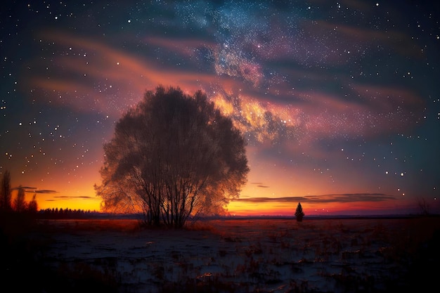 Maravilhosa noite estrelada de inverno no campo coberto de neve com grande árvore