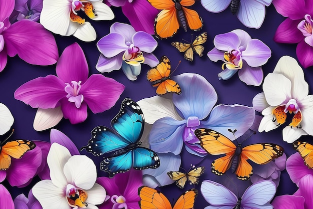 Maravilhosas borboletas das pétalas das orquídeas fundo floral flores e insetos