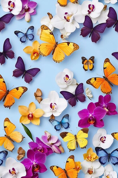 Foto maravilhosas borboletas das pétalas das orquídeas fundo floral flores e insetos