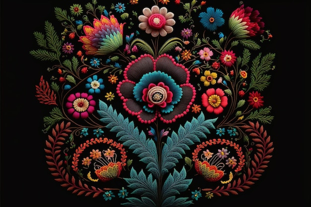 Maravilhoso bordado mexicano com tecido colorido padrão de flores