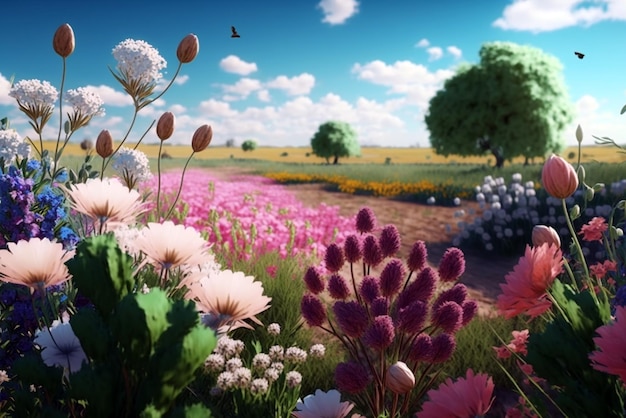 Maravilhoso campo de primavera cheio de belas flores em um dia ensolarado com o céu azul em fundo