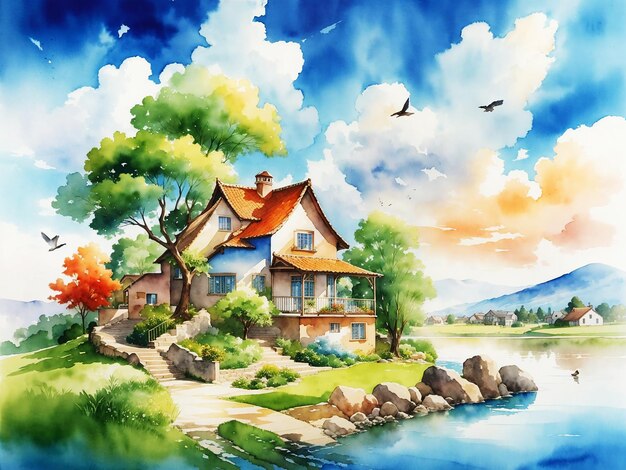 maravilhoso cenário de paisagem de sonho brilhante multicolorido com pintura em aquarela HD de pássaros encantadores