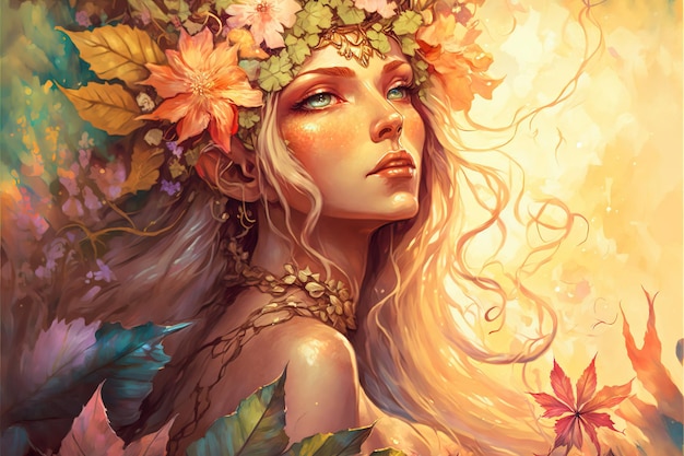 Maravilhoso retrato de fantasia da princesa elfa da madeira da deusa usando coroa de flores