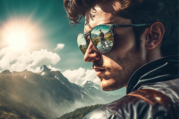 Maravilhoso retrato de motociclista com óculos escuros e reflexo da montanha
