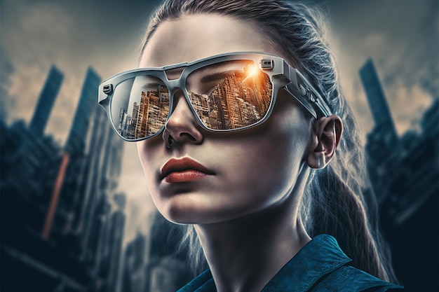 Maravilhoso retrato de mulher usando óculos de sol reflexo do espelho da cidade