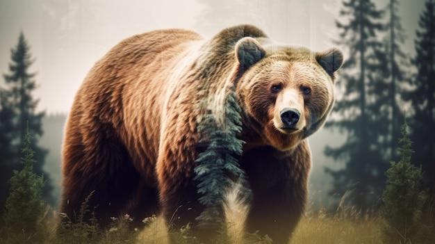 Maravilhoso urso pardo marrom em ai generativa de dupla exposição