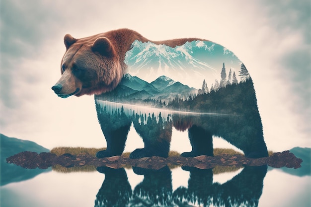 Maravilhoso urso pardo marrom em dupla exposição com floresta natural de taiga
