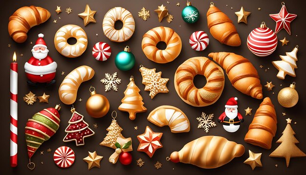 Maravilhosos diferentes embelezamentos de Natal e croissants em uma mesa substancial de cor terráquea