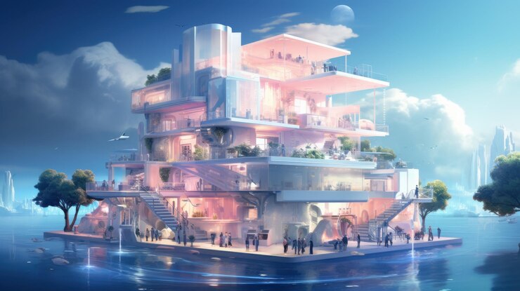 Foto maravilla arquitectónica futurista en un vibrante paisaje acuático