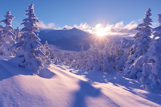 Maravilla del invierno amanecer sobre el bosque cubierto de nieve y el paisaje montañoso