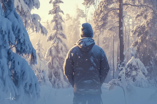 Maravilla del invierno Hombre en el bosque nevado apreciando la tranquila belleza del invierno