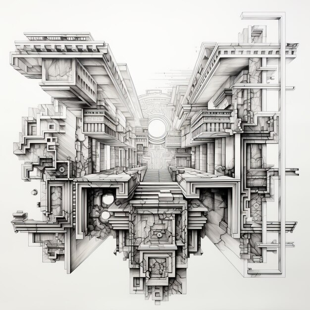 Maravilla monocromática Explorando la arquitectura griega y los símbolos geométricos en una abstracción intrincada