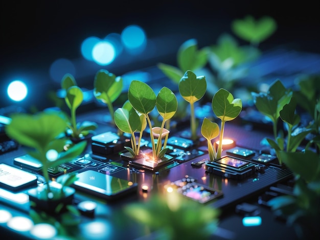 Maravillas bioluminescentes Ilustración de plantas brillantes que crecen en circuitos informáticos
