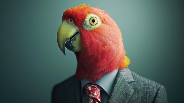 Maravíllate ante la encantadora vista de un loro vestido con un elegante traje y una buena corbata.