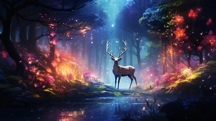 Foto una maravillosa amalgama de elementos reales e imaginarios, incluidos bosques verdes y bestias luminescentes, crea una atmósfera etérea de ensueño.