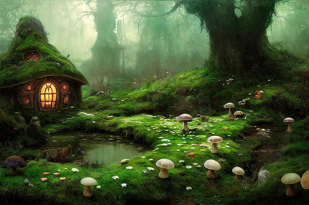 Maravillosa casa de cuento de hadas en una colina en un mágico bosque matutino. Un concepto de cuento de hadas del bosque.