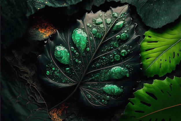 Maravillosa hoja verde tropical con textura marco en forma de roca brillante