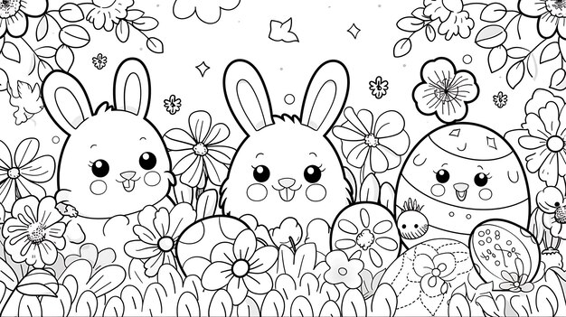 Foto maravillosa pascua en blanco y negro página de colorear conejo y huevos