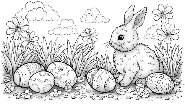 Foto maravillosa pascua en blanco y negro página de colorear conejo y huevos