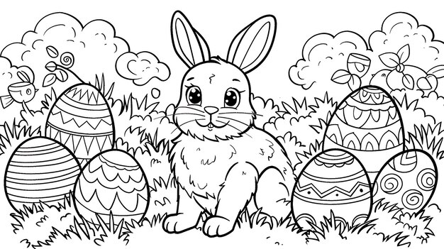 Foto maravillosa pascua en blanco y negro página de colorear conejo y huevos