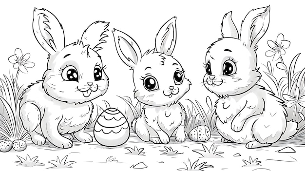 maravillosa pascua en blanco y negro página de colorear conejo y huevos