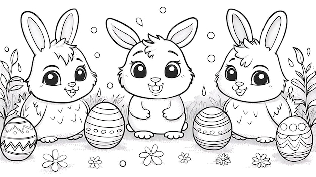 Foto maravillosa pascua en blanco y negro página de colorear conejo y huevos