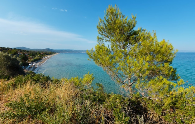 Maravillosa playa de arena en el mar Egeo en Sithonia, Halkidiki, Grecia.