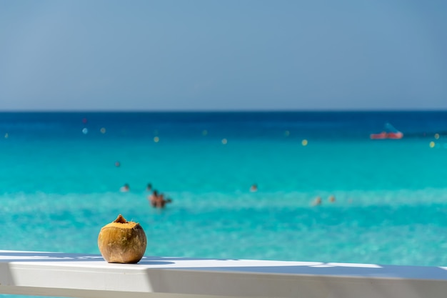 Maravillosa vista al mar desde una cafetería con coco.