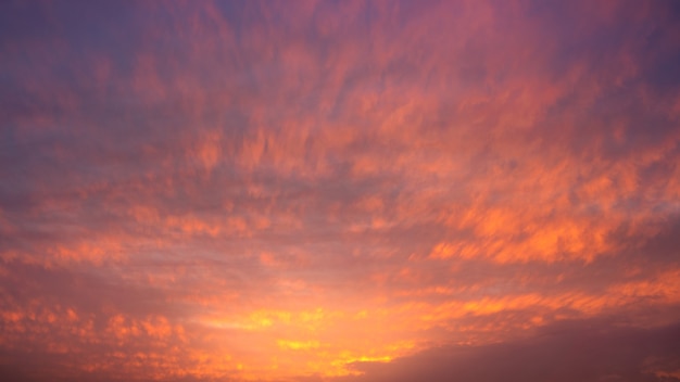 Maravillosa vista del cielo de nubes cúmulos con la luz del sol naranja al atardecer de verano. Cloudscape hermoso como panorama de fondo de naturaleza al atardecer. Clima de la luz natural del sol dorado