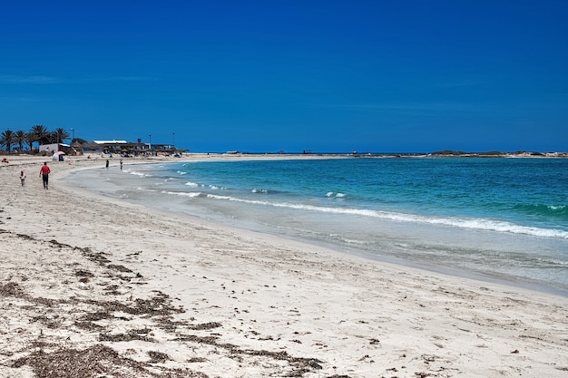 maravillosa vista de la laguna orilla del mar playa de arena blanca y mar azul. isla de Djerba. Túnez