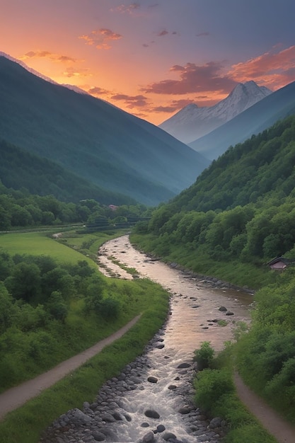 Foto una maravillosa vista del paisaje montañoso, el flujo del río y la hierba verde.