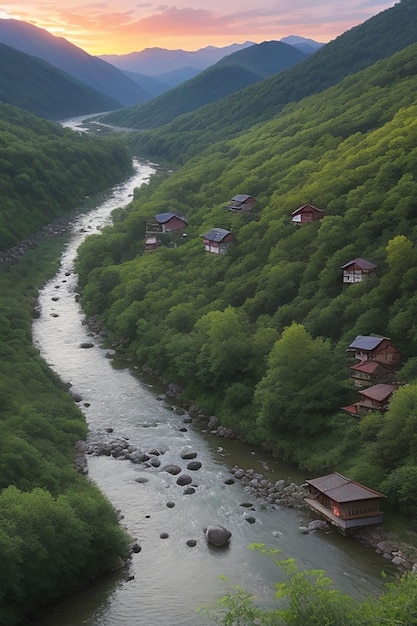 Foto una maravillosa vista del paisaje montañoso, el flujo del río y la hierba verde.