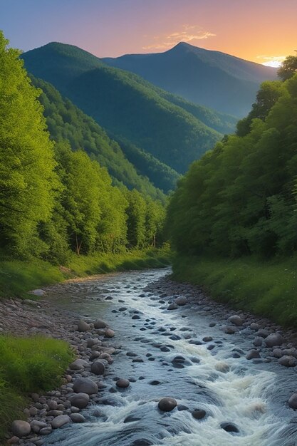 Foto una maravillosa vista del paisaje montañoso, el flujo del río y la hierba verde.