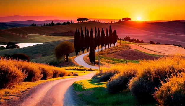 Maravillosamente hermoso paisaje toscano al atardecer en el verano Impresionantes campos de cereales llenos de flores y un serpenteante camino rural bordeado de cipreses al atardecer Asciano Generative AI