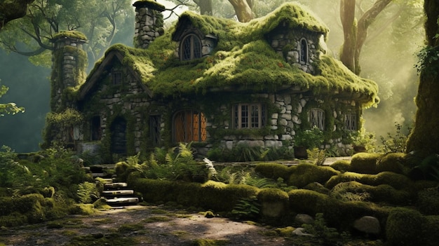 Maravillosas cabañas de piedra, bosque, hobbit, casas, imágenes, arte generado por IA.